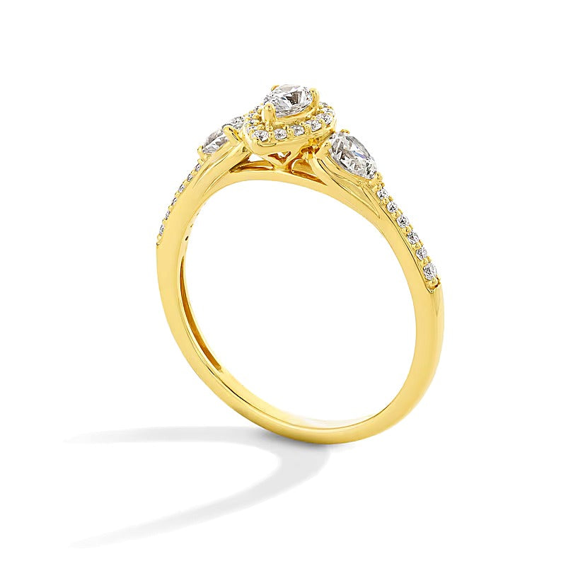 0.38 CT. TW Pear-Shaped Lab-Grown Diamond Frame Three Stone Promise Ring in 10K Gold (F/SI2)
