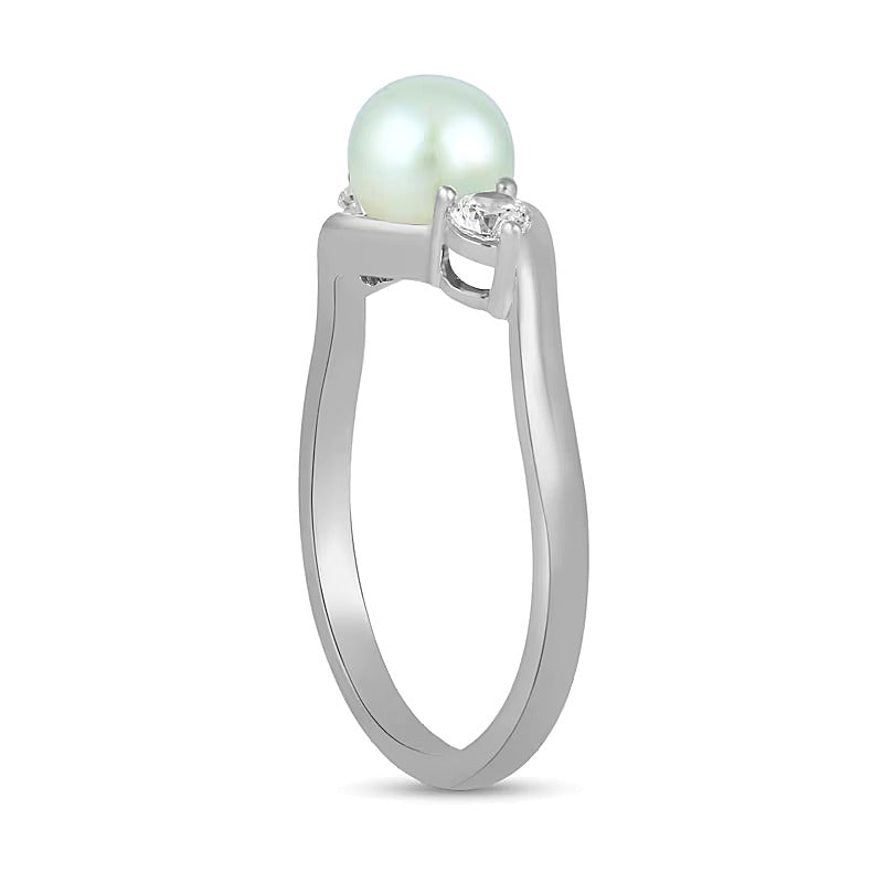 6.0mm Freshwater Cultured Pearl and 0.2 CT. TW Lab-Grown Diamond Three Stone Bypass Ring in 14K White Gold