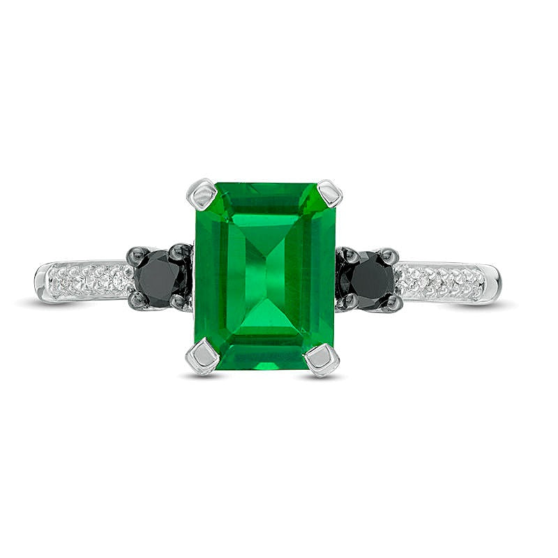 Emerald-Cut Lab-Created Emerald and 0.13 CT. TW Enhanced Black and White Diamond Ring in 10K White Gold
