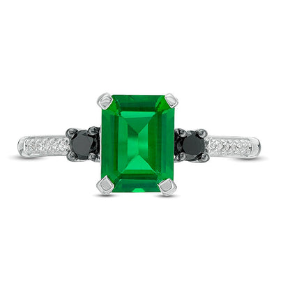 Emerald-Cut Lab-Created Emerald and 0.13 CT. TW Enhanced Black and White Diamond Ring in 10K White Gold