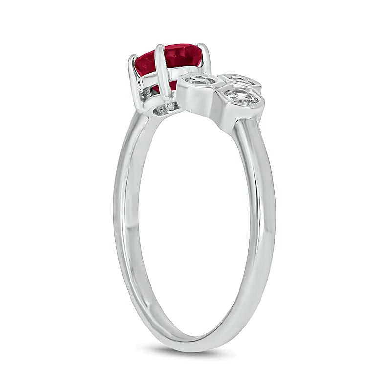 Oval Lab-Created Ruby and 0.17 CT. TW Diamond Open Shank Ring in 10K White Gold