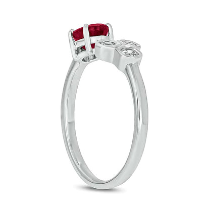 Oval Lab-Created Ruby and 0.17 CT. TW Diamond Open Shank Ring in 10K White Gold