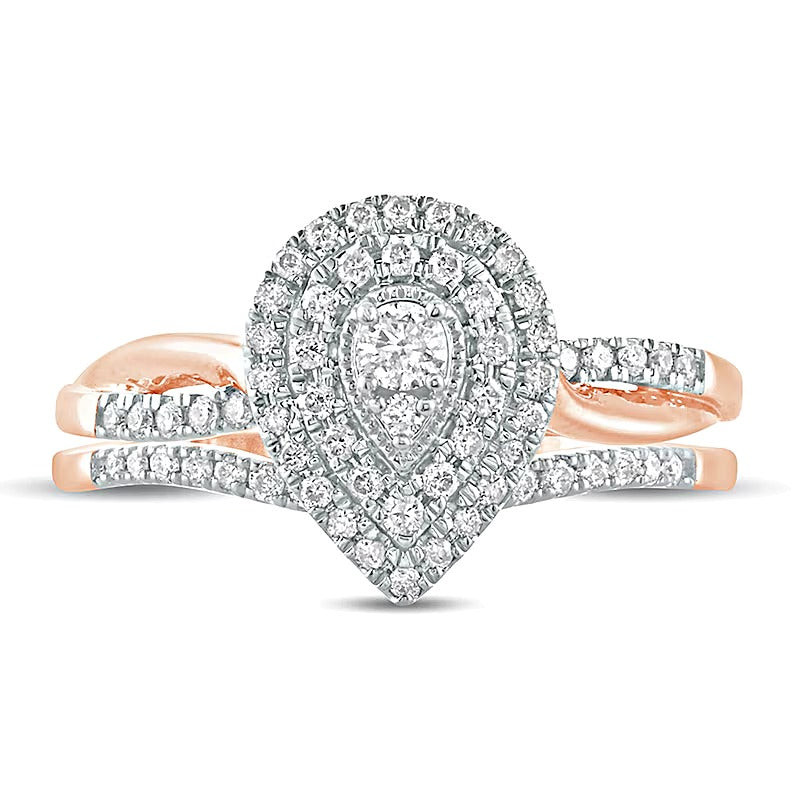 0.38 CT. TW Composite Diamond Pear-Shaped Double Frame Twist Shank Bridal Set in 10K Rose Gold