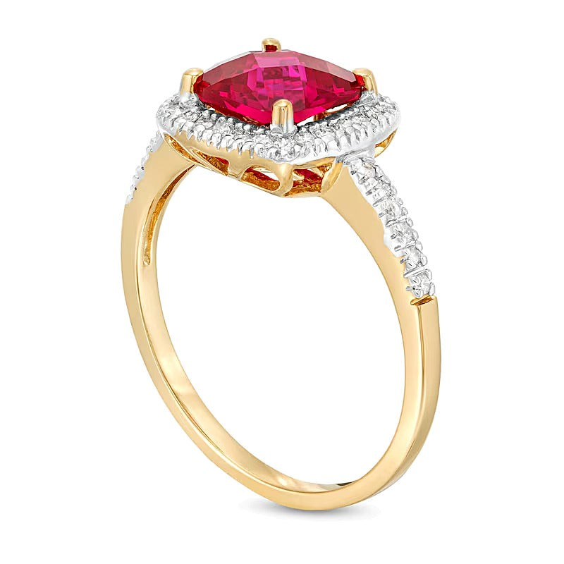 7.0mm Checkerboard Cushion-Shaped Lab-Created Ruby and 0.2 CT. TW Diamond Frame Ring in 10K Gold