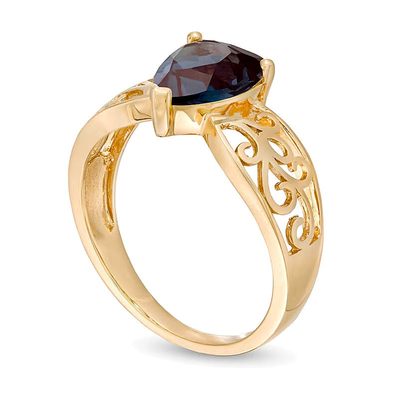 Pear-Shaped Lab-Created Alexandrite Wide Filigree Ring in 10K Gold