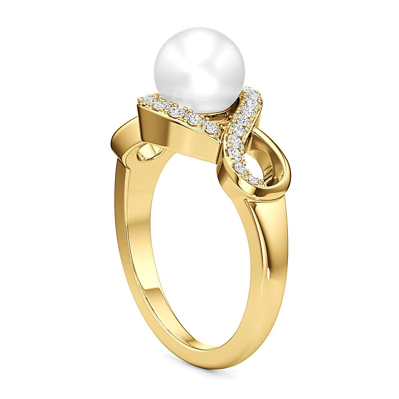 7.0mm Freshwater Cultured Pearl and 0.25 CT. TW Lab-Grown Diamond Swirl Frame Ring in 14K Gold