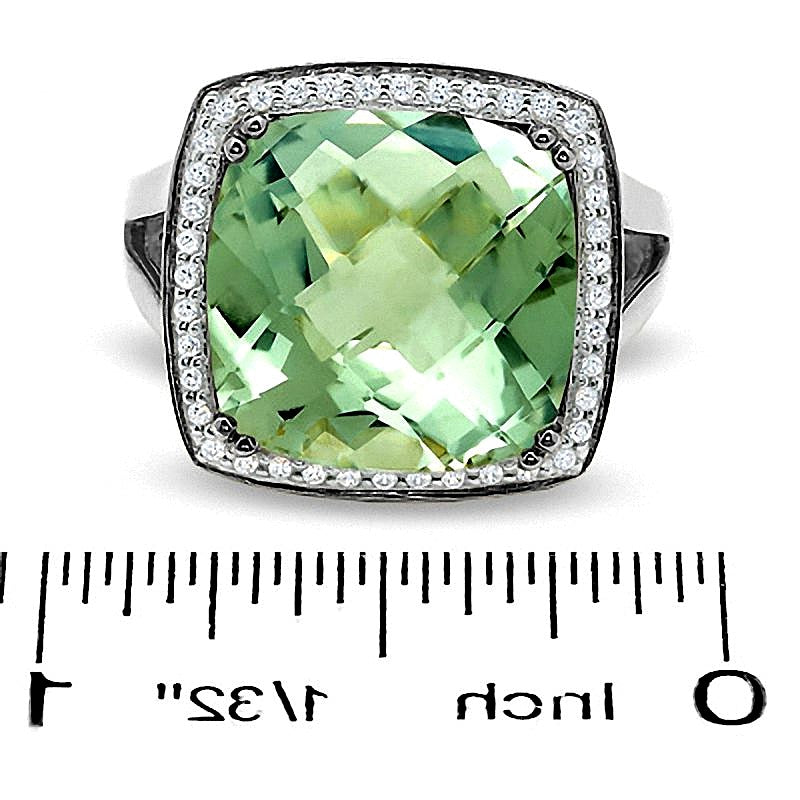 Cushion-Cut Green Quartz Ring in Sterling Silver with Diamond Accents