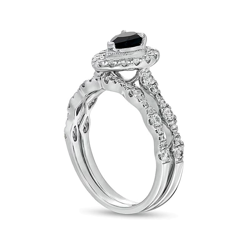 Pear-Shaped Black Sapphire and 0.75 CT. TW Diamond Frame Scallop Shank Vintage-Style Bridal Set in 10K White Gold