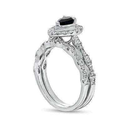 Pear-Shaped Black Sapphire and 0.75 CT. TW Diamond Frame Scallop Shank Vintage-Style Bridal Set in 10K White Gold