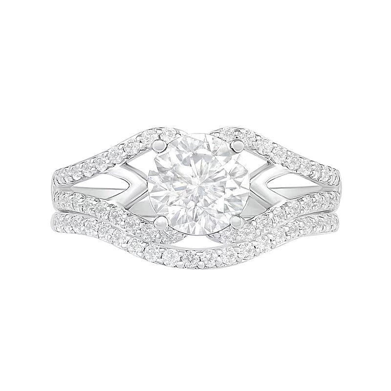 7.0mm White Lab-Created Sapphire Geometric Pointed Split Shank Bridal Set in Sterling Silver