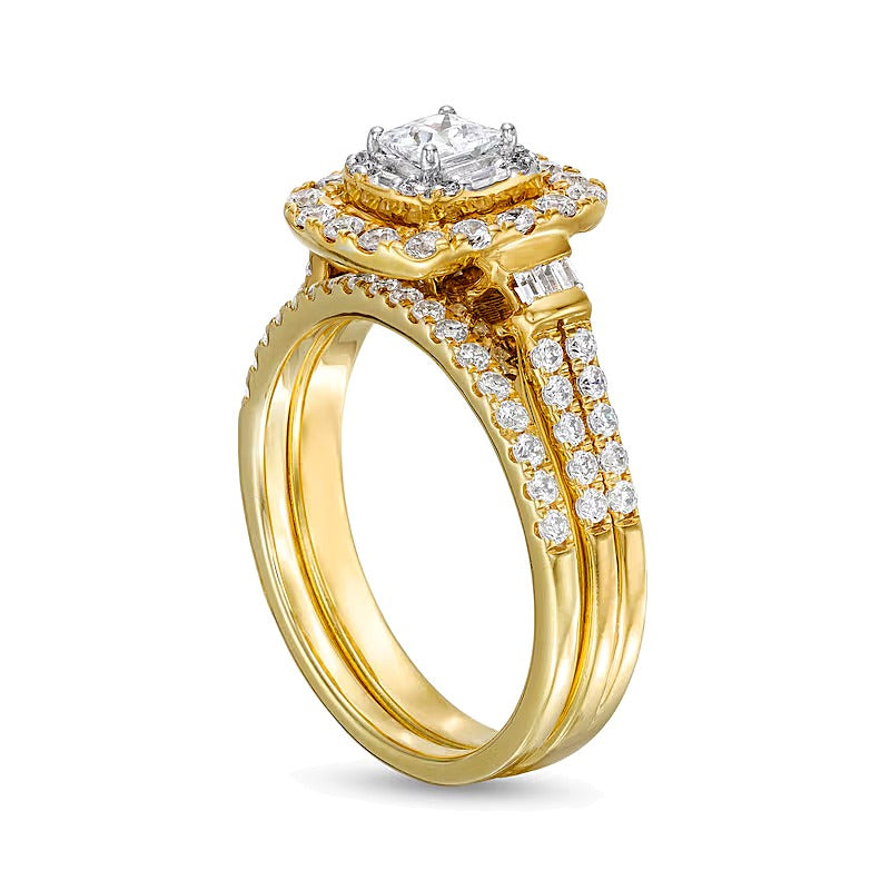 1.0 CT. TW Princess-Cut Diamond Cushion Frame Double Row Bridal Set in 10K Gold