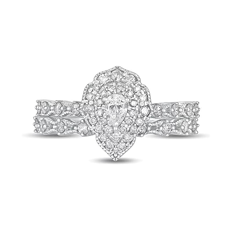 0.63 CT. TW Pear-Shaped Diamond Double Frame Vintage-Style Bridal Set in 10K White Gold