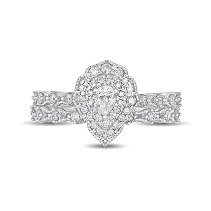 0.63 CT. TW Pear-Shaped Diamond Double Frame Vintage-Style Bridal Set in 10K White Gold