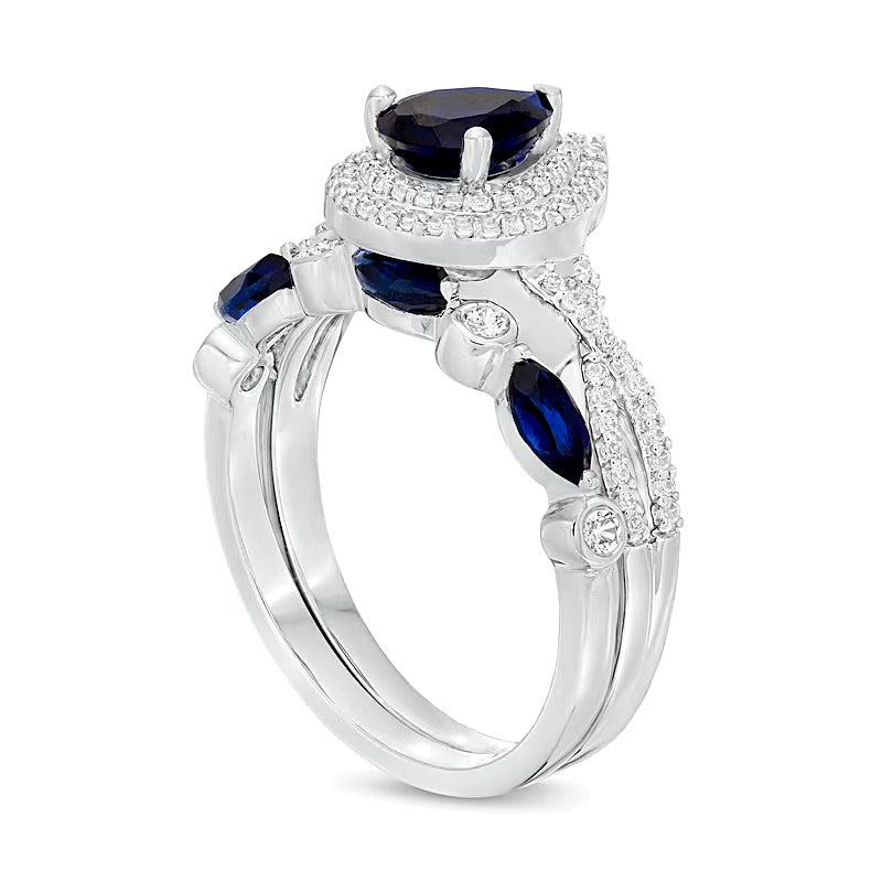 Pear-Shaped Lab-Created Blue and White Sapphire Double Frame Twist Shank Art Deco Bridal Set in Sterling Silver