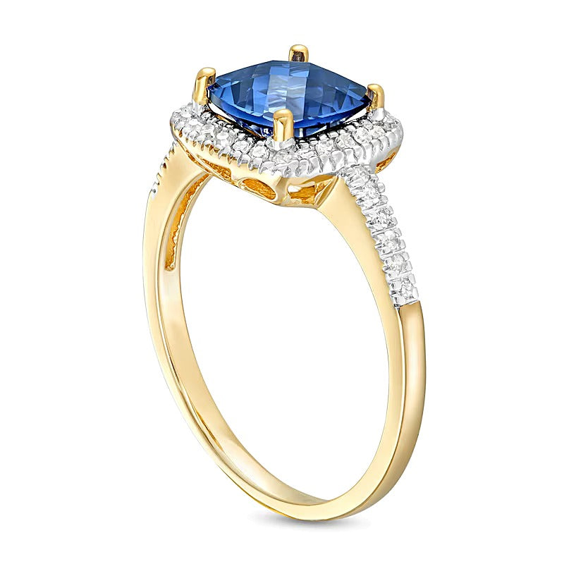 7.0mm Checkerboard Cushion-Shaped Blue Lab-Created Sapphire and 0.2 CT. TW Diamond Frame Ring in 10K Gold