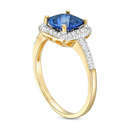 7.0mm Checkerboard Cushion-Shaped Blue Lab-Created Sapphire and 0.2 CT. TW Diamond Frame Ring in 10K Gold