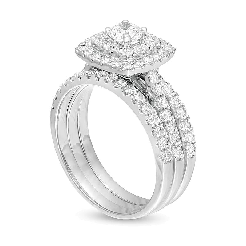 1.5 CT. TW Diamond Double Cushion Frame Three Piece Bridal Set in 10K White Gold