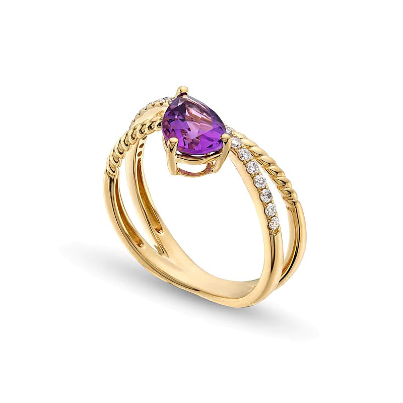 Pear-Shaped Amethyst and 0.2 CT. TW Diamond Orbit Ring in 10K Gold