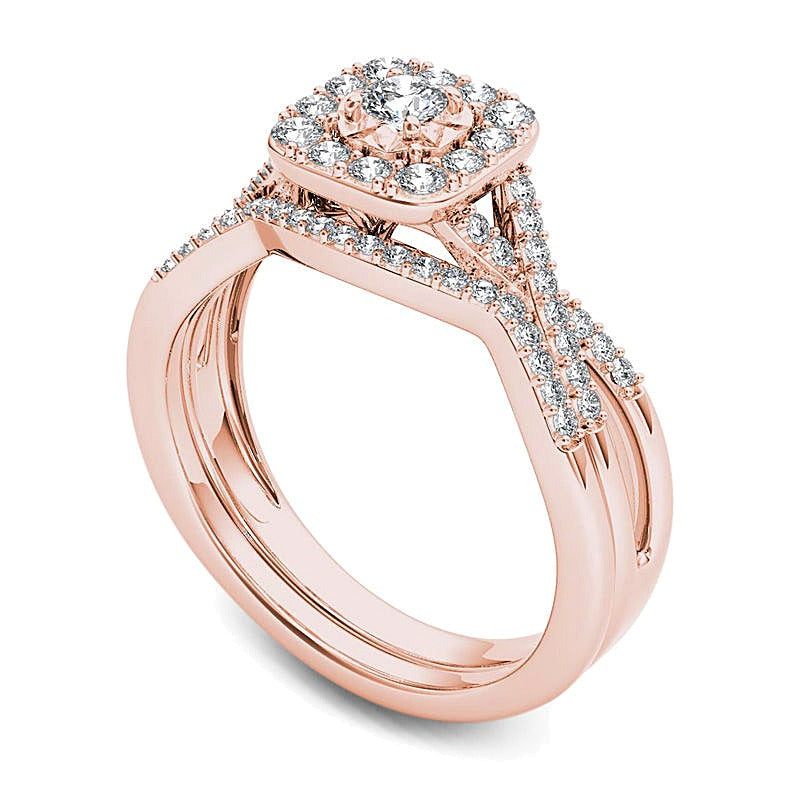 0.38 CT. TW Diamond Cushion Frame Twist Shank Bridal Set in 14K Rose Gold