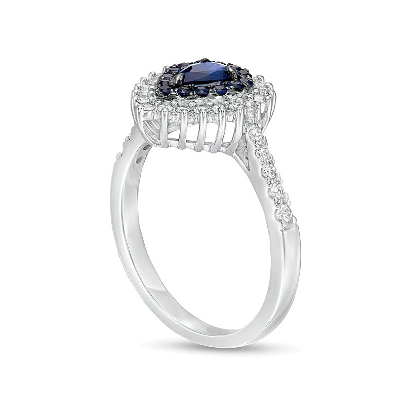 Pear-Shaped Blue Sapphire and 0.33 CT. TW Diamond Frame Ring in 10K White Gold