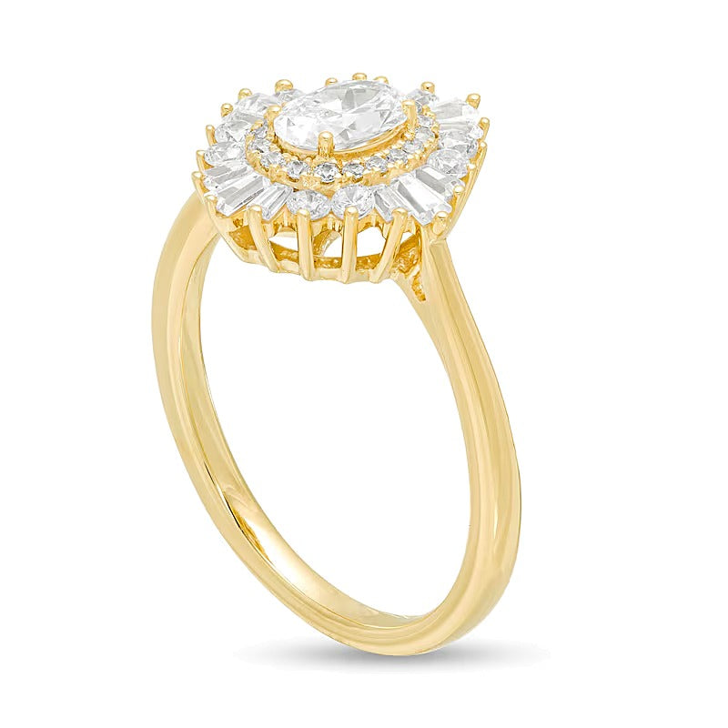 1.0 CT. TW Oval Diamond Double Starburst Frame Engagement Ring in 14K Gold