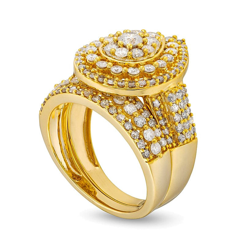 2.0 CT. TW Pear Multi-Diamond Teardrop Frame Multi-Row Bridal Set in 10K Gold