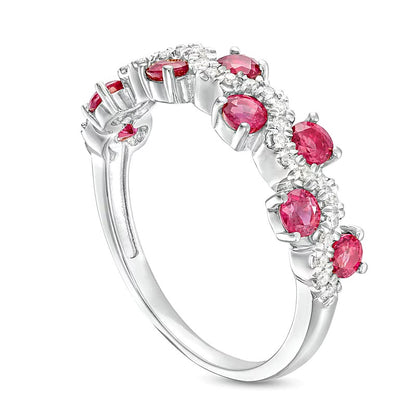 3.0mm Ruby and 0.17 CT. TW Diamond Staggered Wave Band in 14K White Gold
