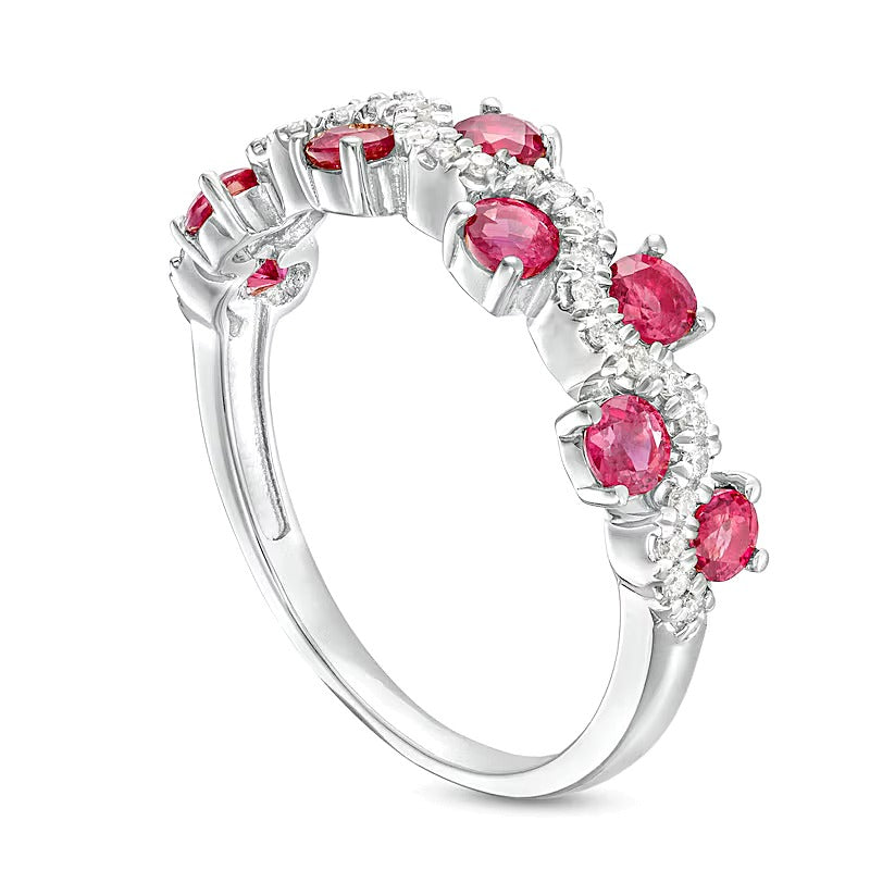 3.0mm Ruby and 0.17 CT. TW Diamond Staggered Wave Band in 14K White Gold
