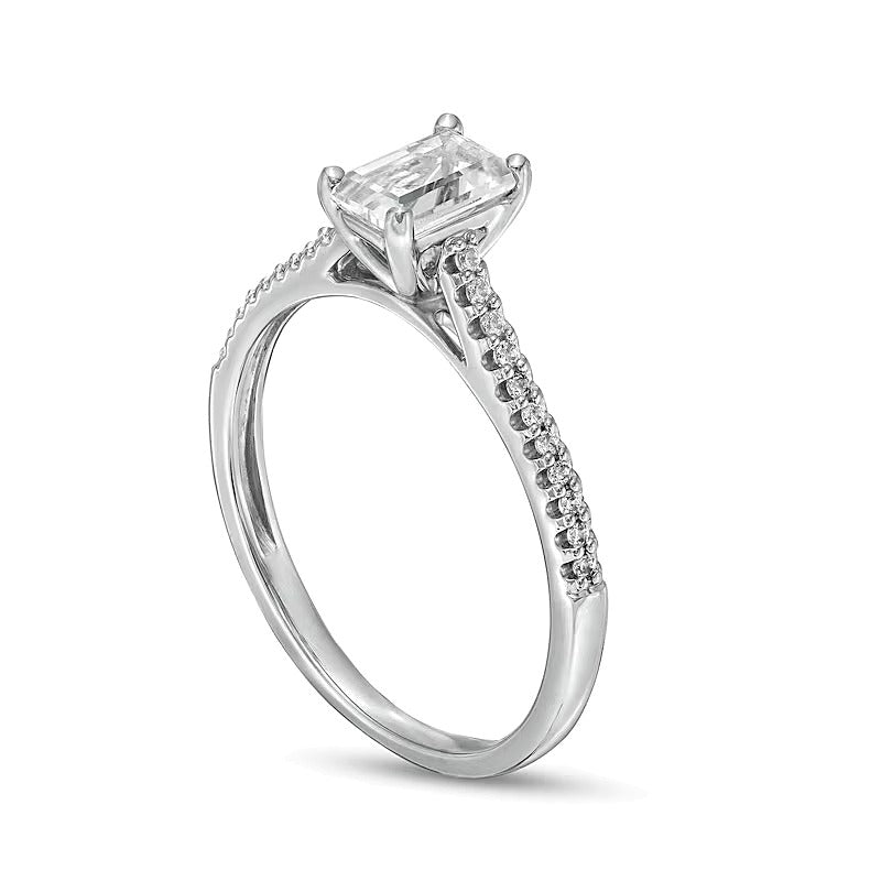 Emerald-Cut White Lab-Created Sapphire and 0.1 CT. TW Diamond Promise Ring in 10K White Gold