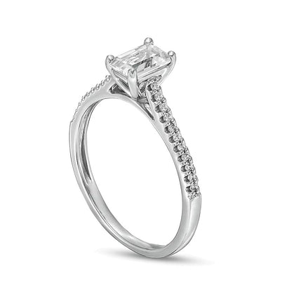 Emerald-Cut White Lab-Created Sapphire and 0.1 CT. TW Diamond Promise Ring in 10K White Gold