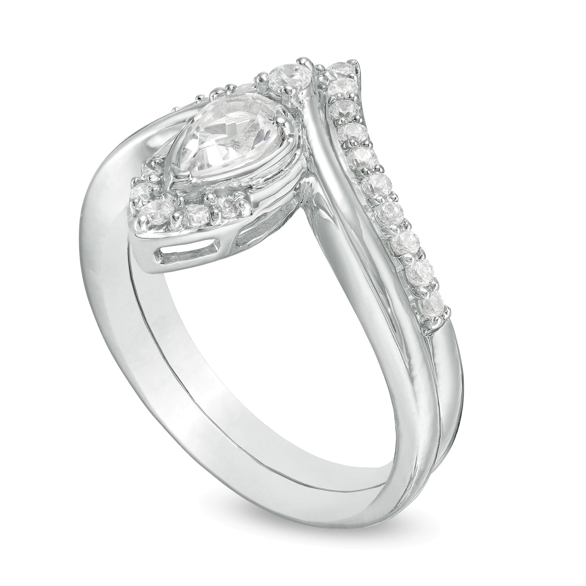 Pear-Shaped Lab-Created White Sapphire and 0.33 CT. TW Diamond Chevron Bridal Set in 10K White Gold