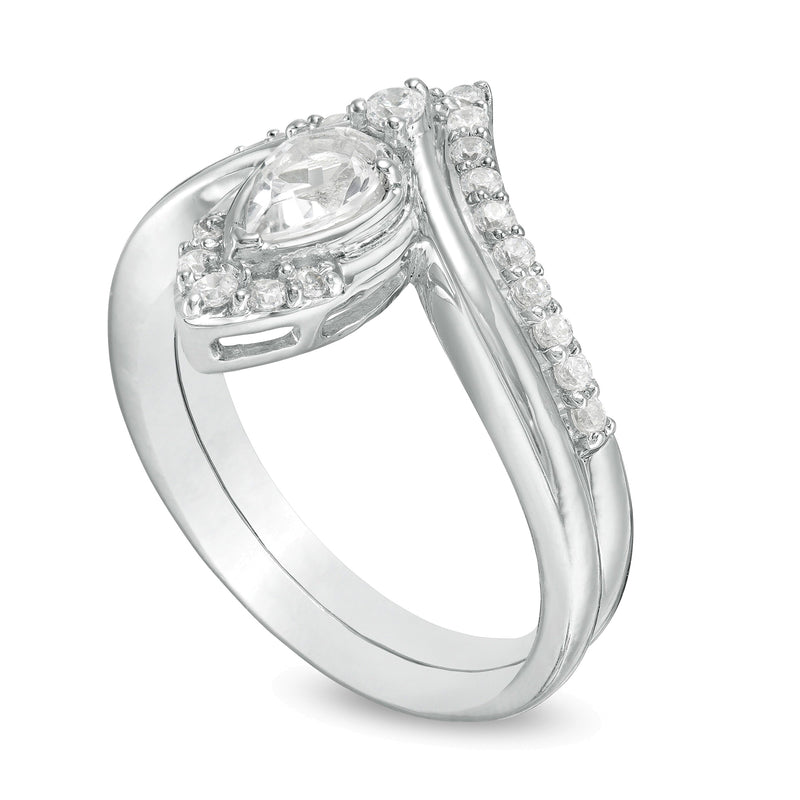 Pear-Shaped Lab-Created White Sapphire and 0.33 CT. TW Diamond Chevron Bridal Set in 10K White Gold