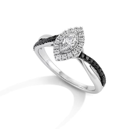 0.5 CT. TW Marquise-Cut Black and White Diamond Frame Crossover Shank Engagement Ring in 14K White Gold