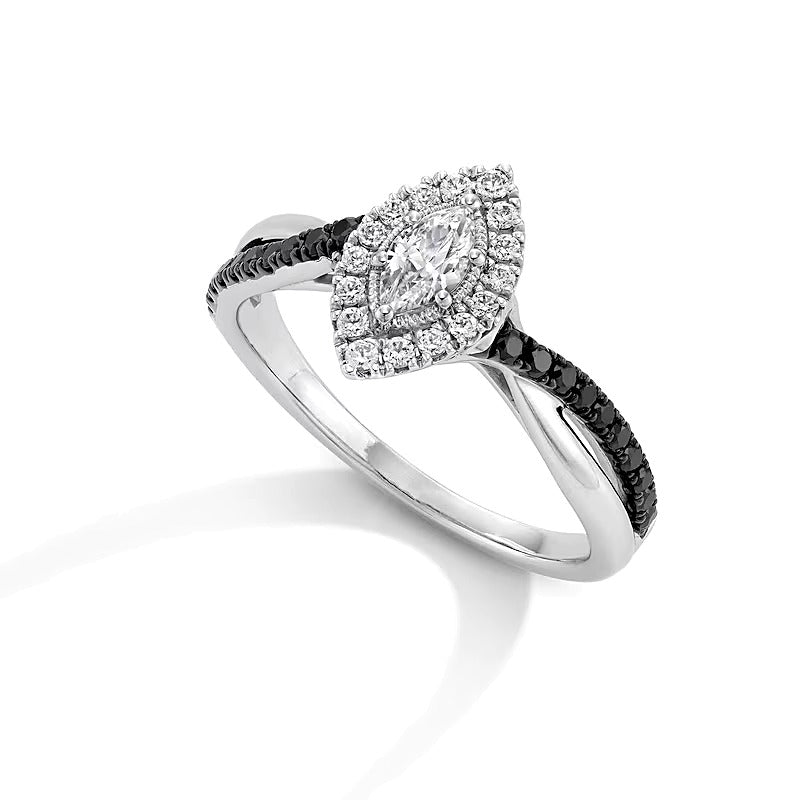 0.5 CT. TW Marquise-Cut Black and White Diamond Frame Crossover Shank Engagement Ring in 14K White Gold
