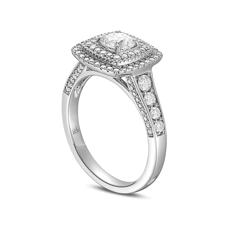 1.25 CT. TW Diamond Cushion-Shaped Double Frame Edge Accent Tapered Shank Engagement Ring in 14K White Gold (I/I1)