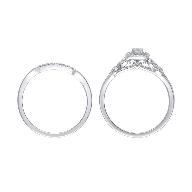 0.25 CT. TW Diamond Cushion Frame Heart-Sides Vintage-Style Bridal Set in Sterling Silver