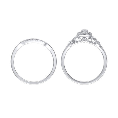 0.25 CT. TW Diamond Cushion Frame Heart-Sides Vintage-Style Bridal Set in Sterling Silver