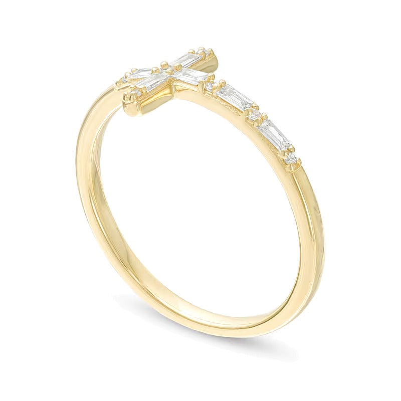 0.17 CT. TW Baguette and Round Diamond Sideways Cross Ring in 10K Gold