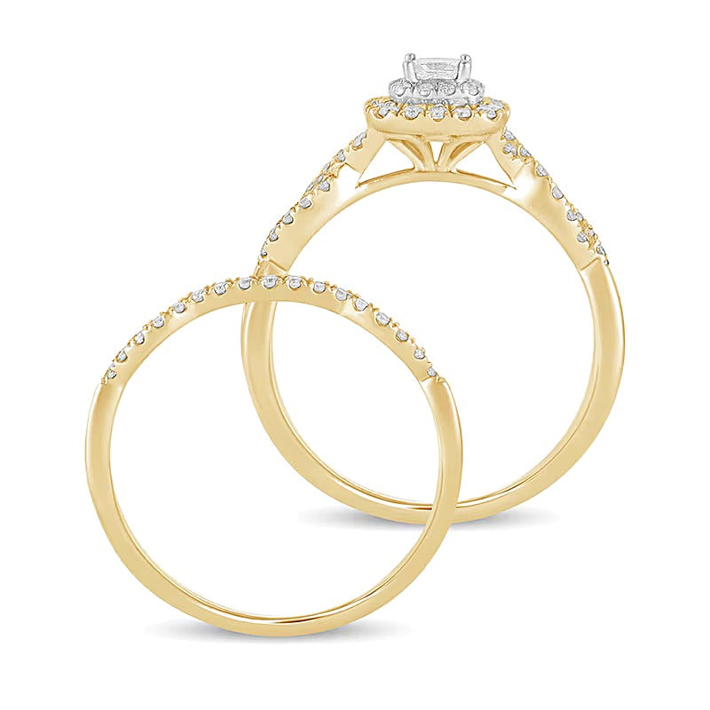 0.5 CT. TW Princess-Cut Diamond Double Cushion-Shaped Frame Multi-Row Bridal Set in 10K Gold