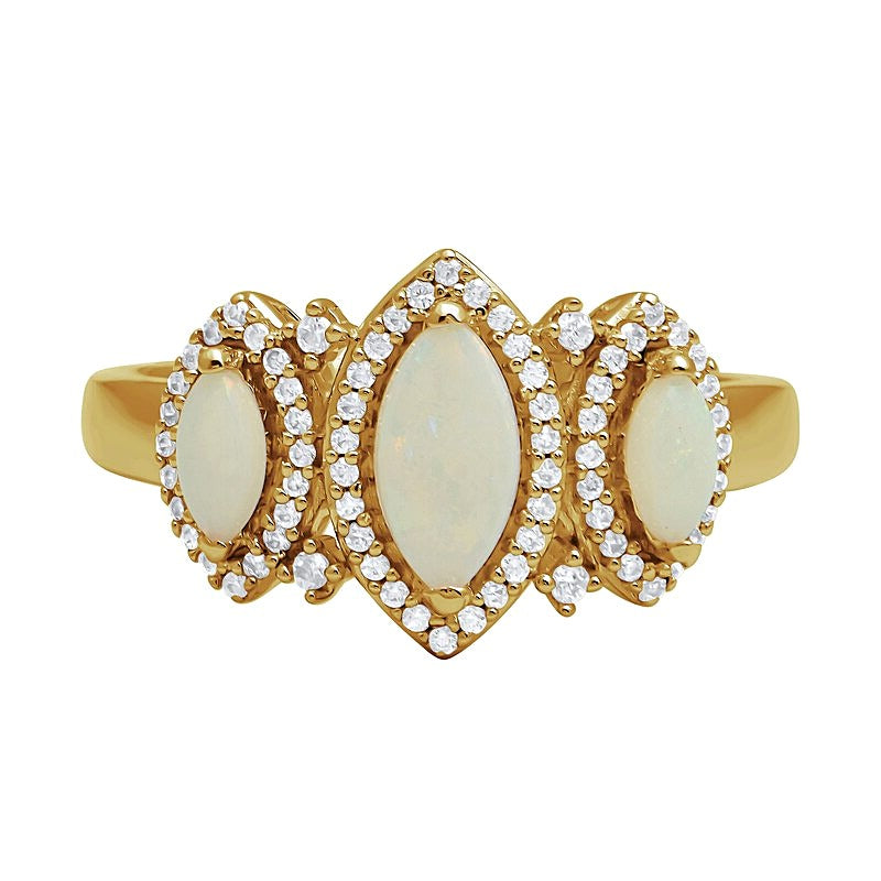 Marquise-Cut Lab-Created Opal and 0.2 CT. TW Diamond Frame Three Stone Ring in 10K Gold
