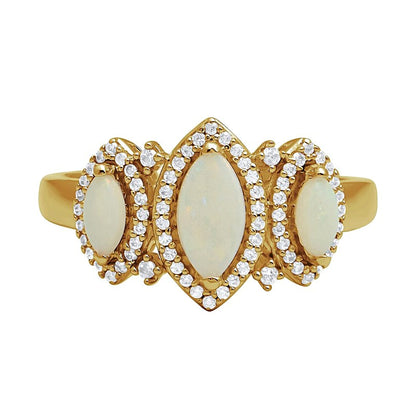 Marquise-Cut Lab-Created Opal and 0.2 CT. TW Diamond Frame Three Stone Ring in 10K Gold