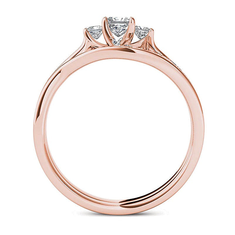0.5 CT. TW Princess-Cut Diamond Three Stone Bypass Bridal Set in 14K Rose Gold