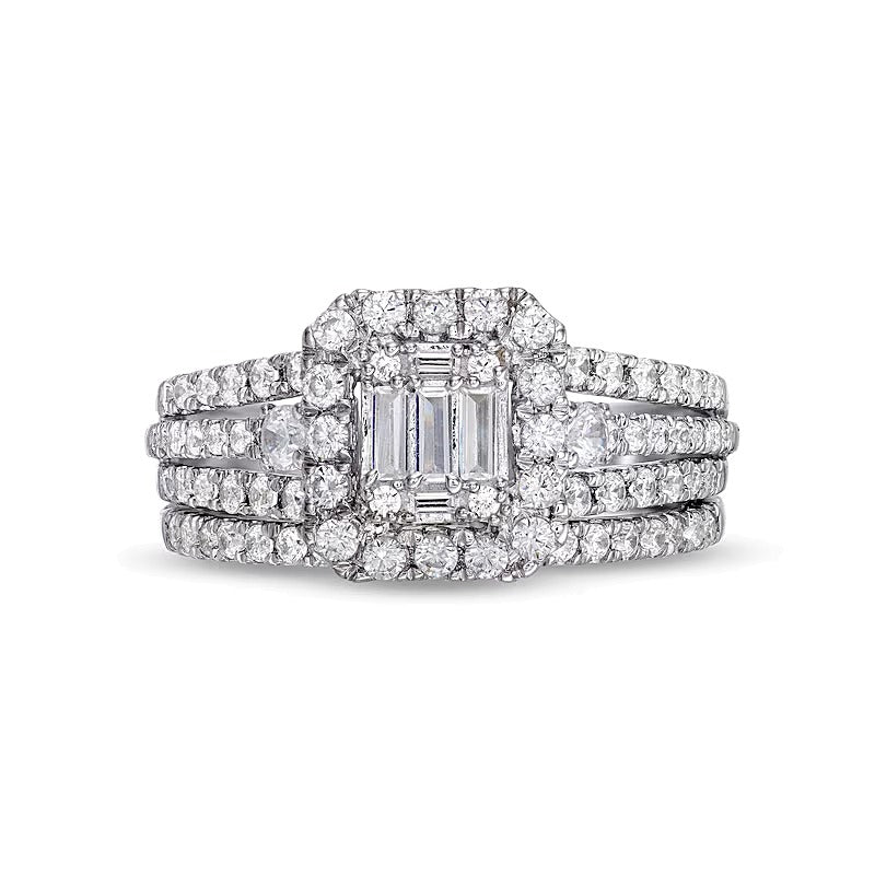1.0 CT. TW Emerald-Shaped Multi-Diamond Frame Multi-Row Bridal Set in 10K White Gold