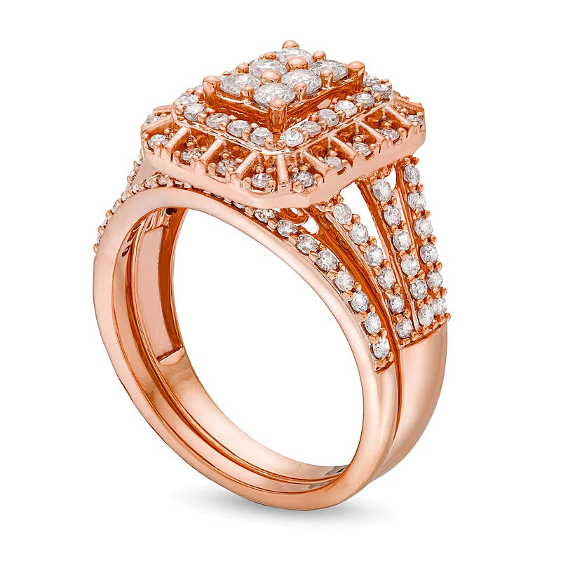 1.0 CT. TW Emerald Multi-Diamond Triple Row Split Shank Bridal Set in 10K Rose Gold