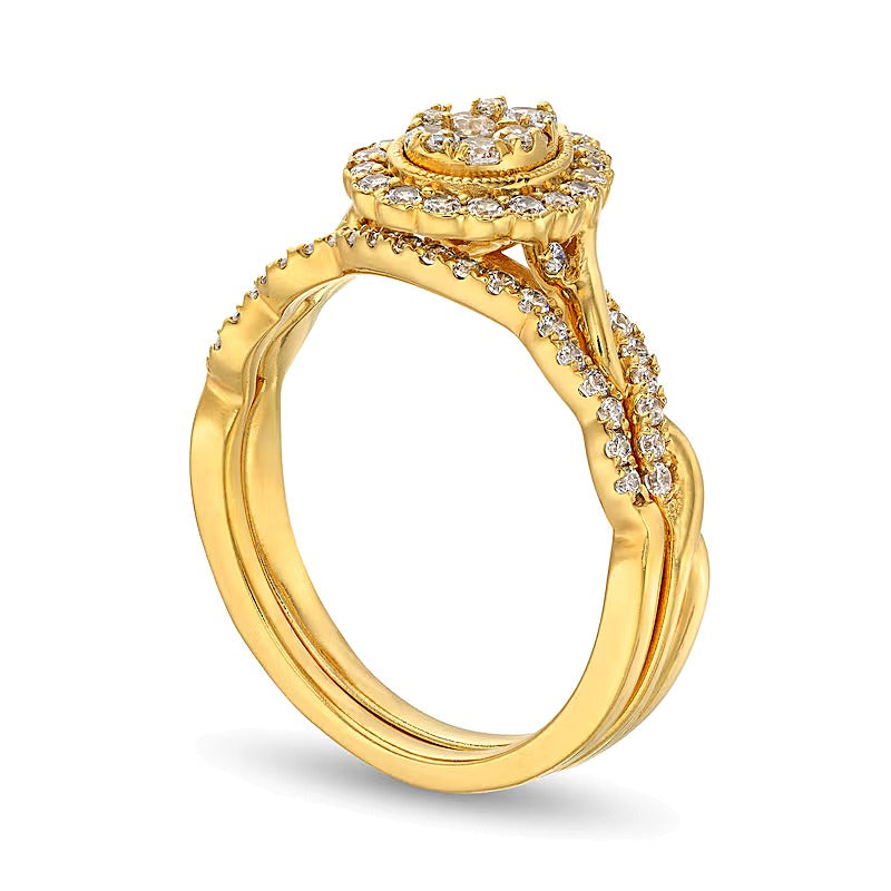 0.5 CT. TW Diamond Pear Frame Twist Shank Bridal Set Ring in 10K Gold