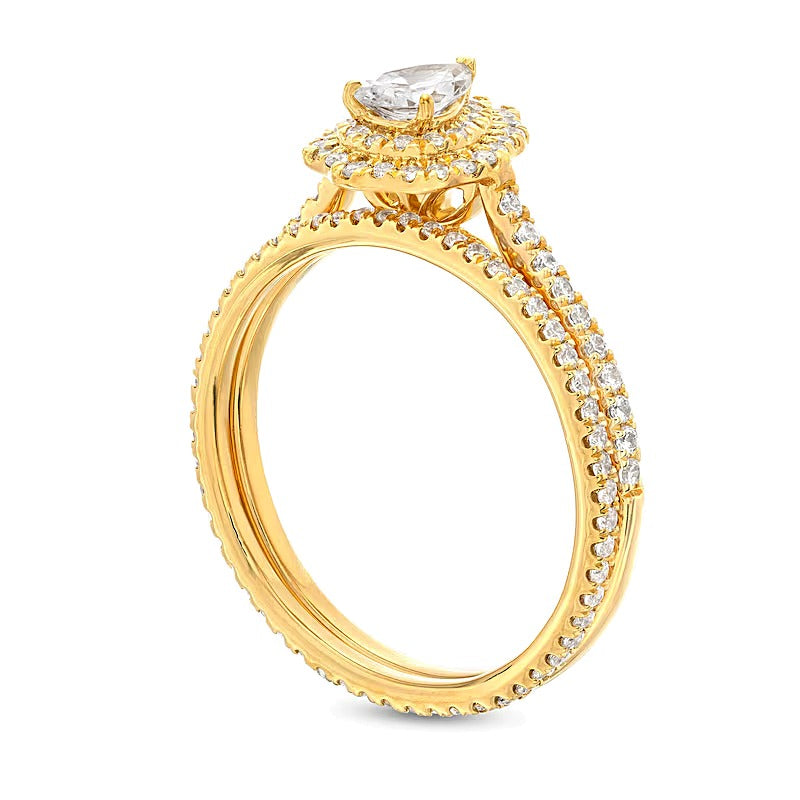 1.0 CT. TW Pear-Shaped Diamond Double Scallop Frame Bridal Set in 14K Gold
