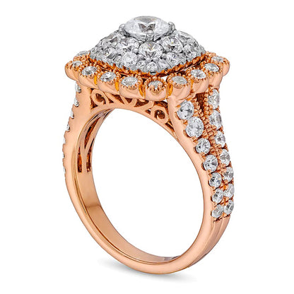 2.0 CT. TW Cushion Multi-Diamond Bubble Frame Vintage-Style Engagement Ring in 10K Rose Gold