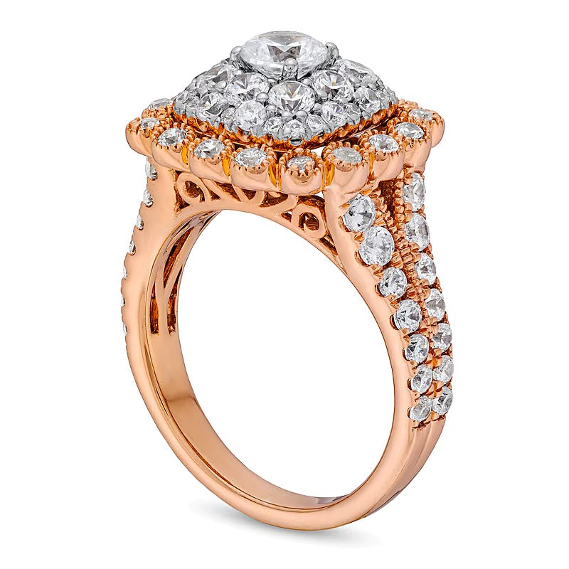 2.0 CT. TW Cushion Multi-Diamond Bubble Frame Vintage-Style Engagement Ring in 10K Rose Gold