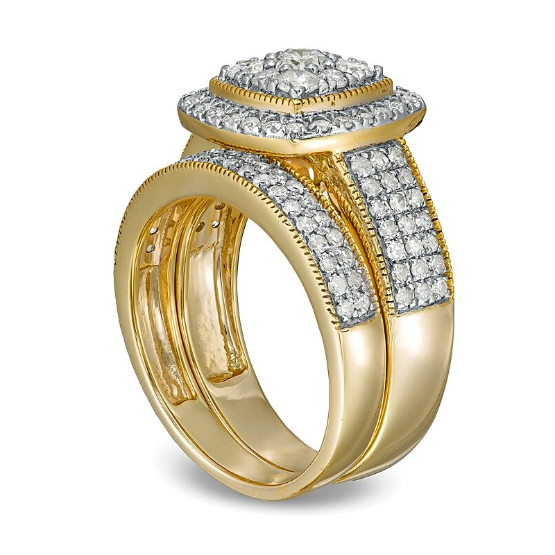1.33 CT. TW Composite Cushion Diamond Frame Multi-Row Vintage-Style Bridal Set in 10K Gold