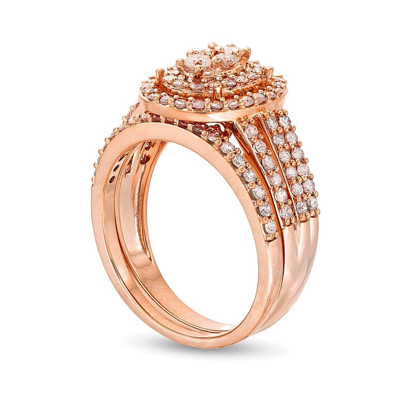 1.0 CT. TW Oval Multi-Diamond Triple Row Split Shank Bridal Set in 10K Rose Gold